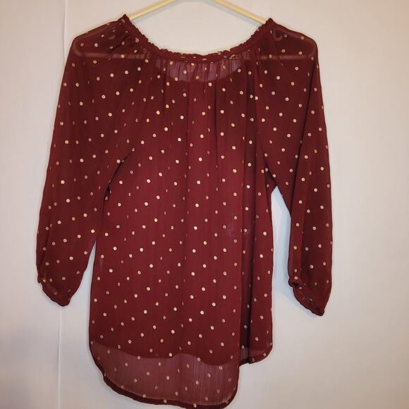 Abercrombie and Fitch maroon red gold polka dots sheer long sleeved top Size S - Picture 2 of 9